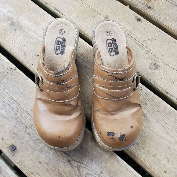 Vintage 90s y2k Route 66 Bratz Chunky 2.5" Heel Tan Brown Vegan Leather Mules - Picture 2 of 7